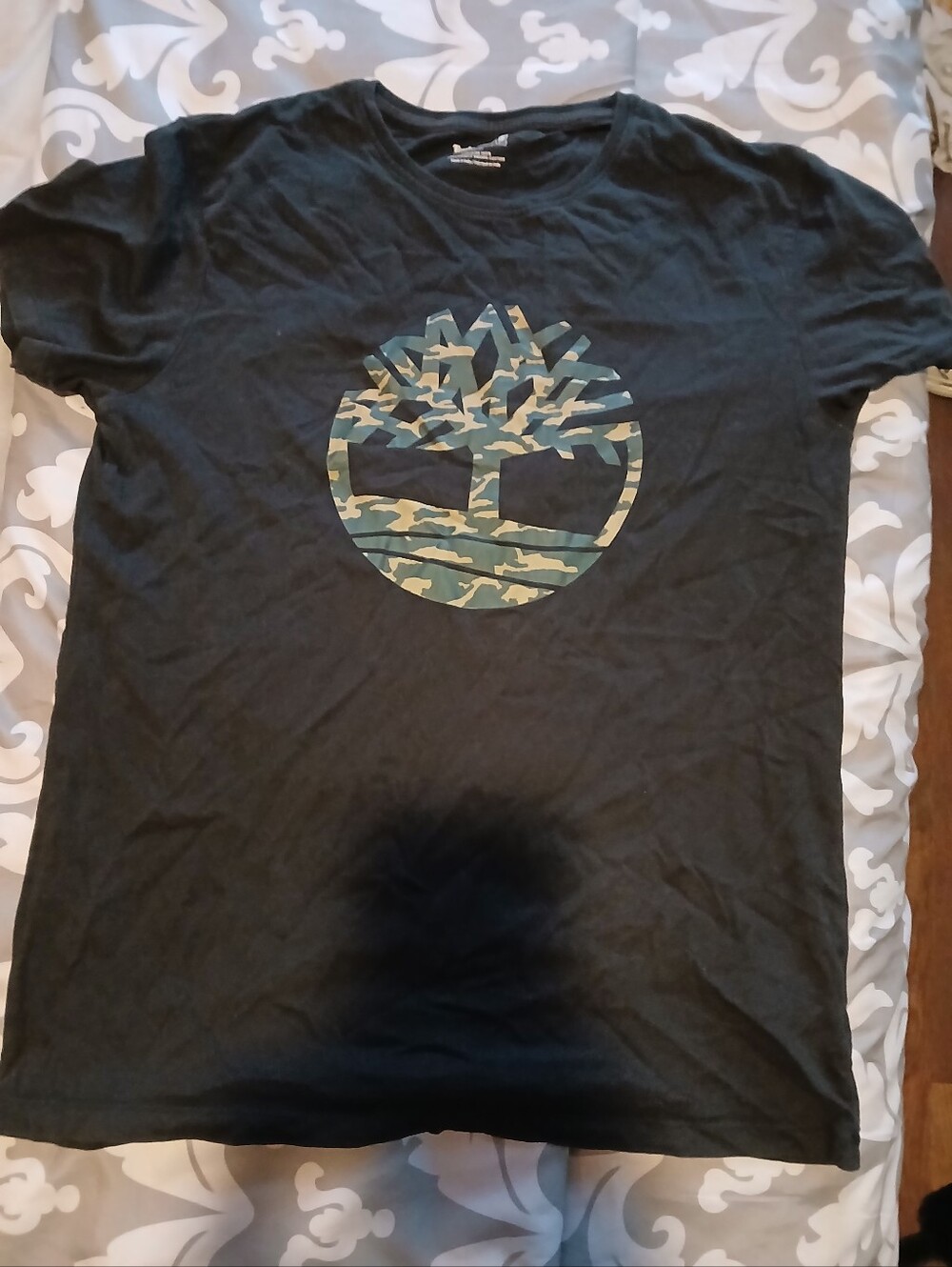 Timberland Black Tee with Green Camo Tree Logo